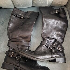 Women's Black Leather Knee-High Buckle Boots